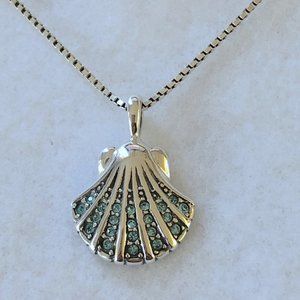 Sterling Silver Scallop Shell Pendant w/Faceted Aqua Crystal Stones